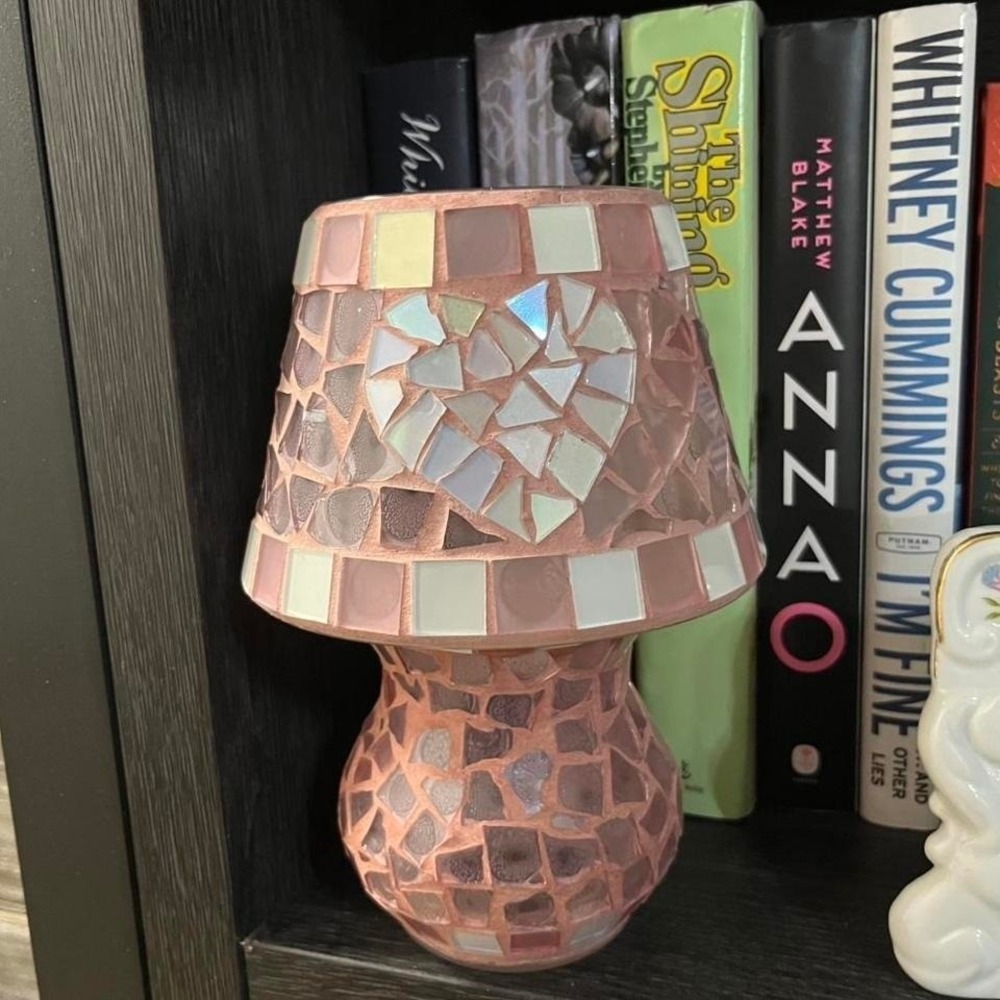 Pink and white mosaic stained glass fairy lamp tea light holder